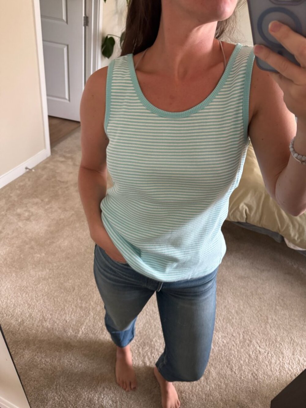Vintage L.L. Bean Teal Blue and White Striped Tank Top Size Medium